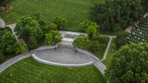 AXP076_000_0022F - Aerial stock photo of The President John F. Kennedy Gravesite at the Arlington National Cemetery, Arlington, Virginia, twilight