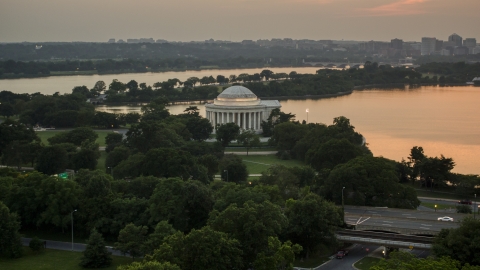 AXP076_000_0029F - Aerial stock photo of The Jefferson Memorial, Washington, D.C., twilight