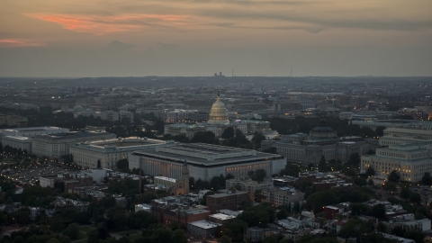 The United States Capitol behind the Russell, Dirksen and Hart Senate Office Buildings, Washington, D.C., twilight Aerial Stock Photos | AXP076_000_0030F