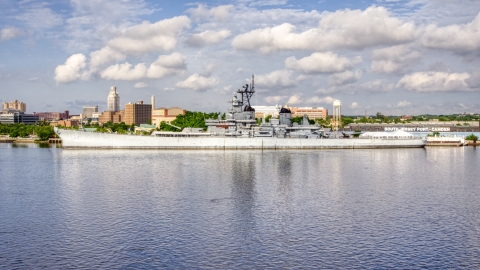 AXP079_000_0001F - Aerial stock photo of USS New Jersey in Camden, New Jersey