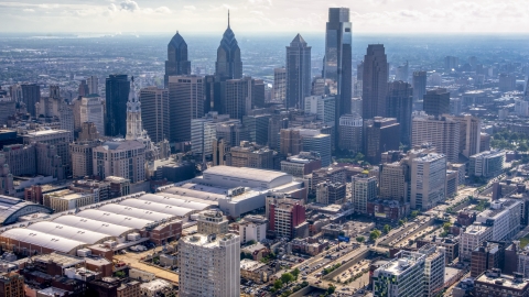 AXP079_000_0003F - Aerial stock photo of The Pennsylvania Convention Center and skyscrapers in Downtown Philadelphia, Pennsylvania