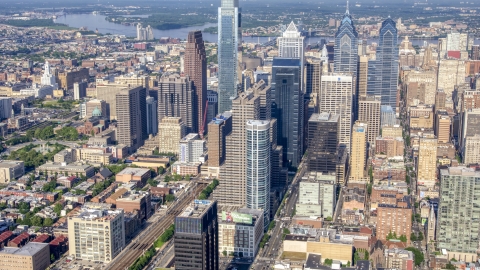 AXP079_000_0015F - Aerial stock photo of Skyscrapers and city buildings in the Philadelphia's downtown area, Pennsylvania