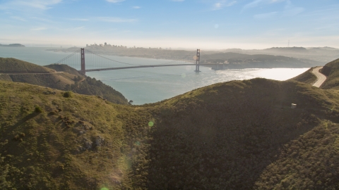 Golden Gate Bridge and downtown skyline seen from the Marin Headlands, Marin County, California Aerial Stock Photos | DCSF05_044.0000000