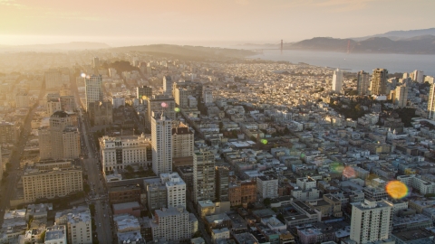 DCSF07_005.0000377 - Aerial stock photo of Nob Hill apartment and office buildings seen from Downtown San Francisco, California, sunset