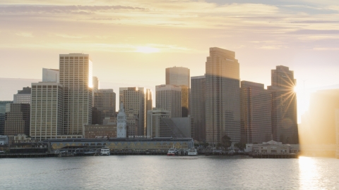 DCSF07_012.0000045 - Aerial stock photo of The Ferry Building and skyline of Downtown San Francisco, California, sunset