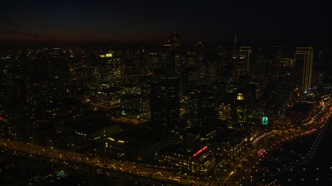 DCSF10_081.0000155 - Aerial stock photo of Downtown San Francisco skyscrapers seen from the Bay Bridge, California, night