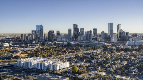 DXP001_000123 - Aerial stock photo of Wide view of towering skyscrapers of city skyline, Downtown Denver, Colorado