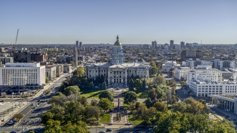 The Colorado State Capitol viewed from Civic Center Park in Downtown Denver, Colorado Aerial Stock Photos | DXP001_000145