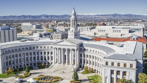 DXP001_000149 - Aerial stock photo of The front of the Denver City Council building in Downtown Denver, Colorado