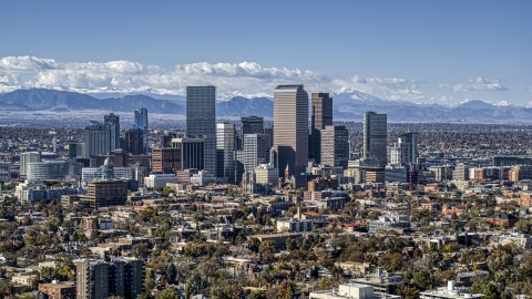 DXP001_000159 - Aerial stock photo of View across the city at the skyline's tall skyscrapers, Downtown Denver, Colorado