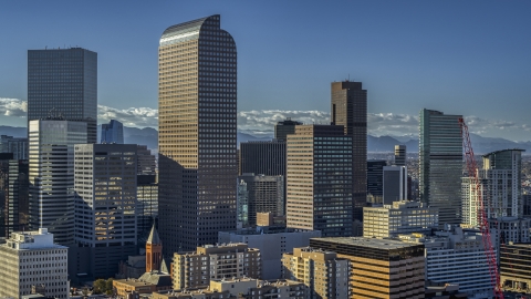 DXP001_000172 - Aerial stock photo of Wells Fargo Center and nearby skyscrapers in Downtown Denver, Colorado