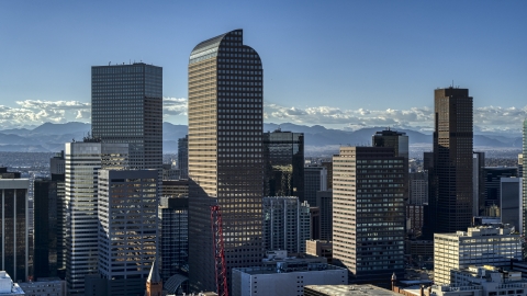 DXP001_000173 - Aerial stock photo of Wells Fargo Center skyscraper and nearby high-rises in Downtown Denver, Colorado