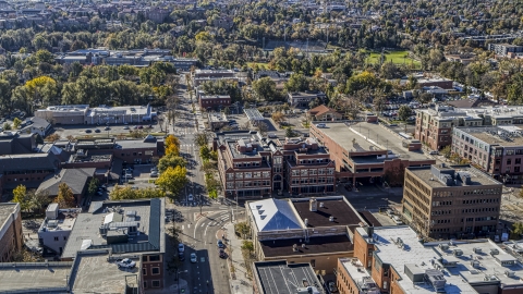 DXP001_000196 - Aerial stock photo of Brick office building by a quiet intersection in Boulder, Colorado