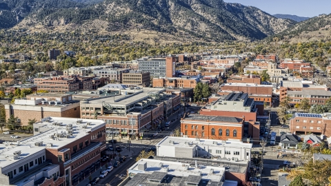 DXP001_000199 - Aerial stock photo of Shops and brick office buildings in a quiet town, Boulder, Colorado