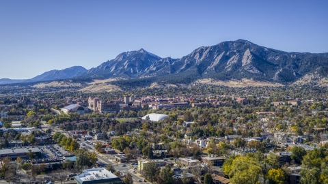 DXP001_000202 - Aerial stock photo of The University of Colorado Boulder with Green Mountain behind it, Boulder, Colorado