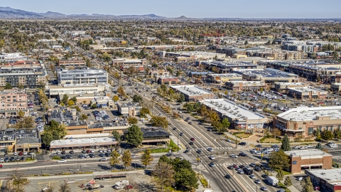 DXP001_000205 - Aerial stock photo of Cars on the wide street by strip malls, Boulder, Colorado