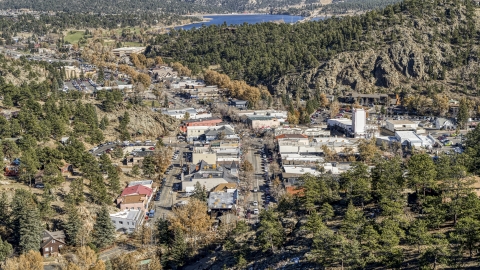 DXP001_000221 - Aerial stock photo of Shops on a road through Estes Park, Colorado