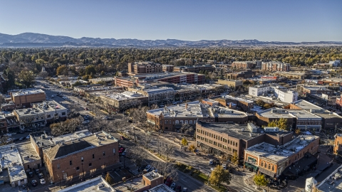 Quiet street with shops and brick office buildings in Fort Collins, Colorado Aerial Stock Photos | DXP001_000235