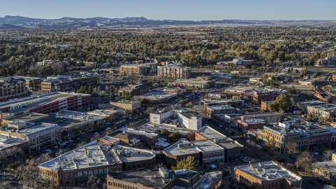 Shops lining a busy town road in Fort Collins, Colorado Aerial Stock Photos | DXP001_000251