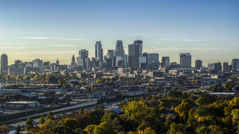 DXP001_000274 - Aerial stock photo of A view of the dome of a cathedral at sunrise in Downtown Minneapolis, Minnesota