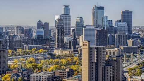 DXP001_000284 - Aerial stock photo of The city skyline's skyscrapers seen at sunrise, Downtown Minneapolis, Minnesota