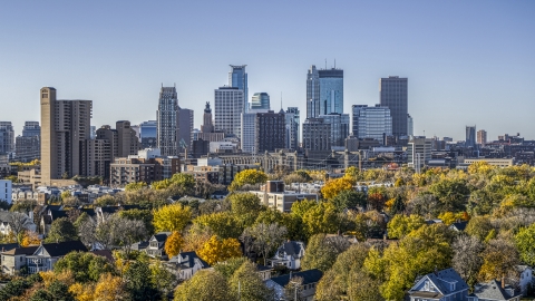 DXP001_000289 - Aerial stock photo of A condominium complex and the city skyline behind it, Downtown Minneapolis, Minnesota