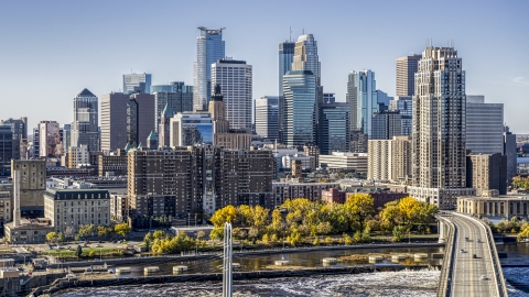 DXP001_000298 - Aerial stock photo of The city's skyline seen from the Mississippi River, Downtown Minneapolis, Minnesota