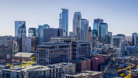 DXP001_000301 - Aerial stock photo of The city's skyline behind office buildings, Downtown Minneapolis, Minnesota