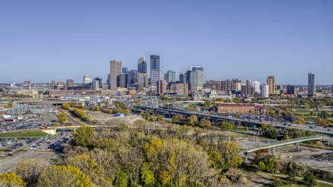 DXP001_000306 - Aerial stock photo of The I-394 freeway, and the city's skyline in the background, Downtown Minneapolis, Minnesota