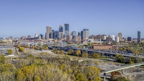 DXP001_000307 - Aerial stock photo of The city's skyline behind the I-394 freeway, Downtown Minneapolis, Minnesota