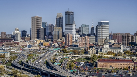 DXP001_000313 - Aerial stock photo of The city's skyline behind the I-394 freeway interchange with light traffic, Downtown Minneapolis, Minnesota