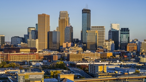 DXP001_000324 - Aerial stock photo of Giant skyscrapers of the city's skyline at sunset in Downtown Minneapolis, Minnesota