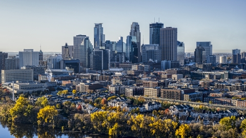 DXP001_000361 - Aerial stock photo of The downtown skyline and city buildings seen from the river, Downtown Minneapolis, Minnesota