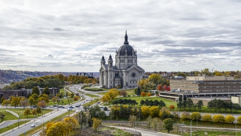 DXP001_000383 - Aerial stock photo of The Cathedral of Saint Paul by a quiet street in Saint Paul, Minnesota