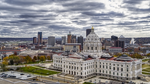 DXP001_000391 - Aerial stock photo of The Minnesota State Capitol building with the city skyline in the background, Saint Paul, Minnesota