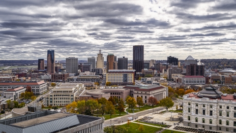 DXP001_000392 - Aerial stock photo of The city skyline in the distance, seen from near the state capitol building, Downtown Saint Paul, Minnesota