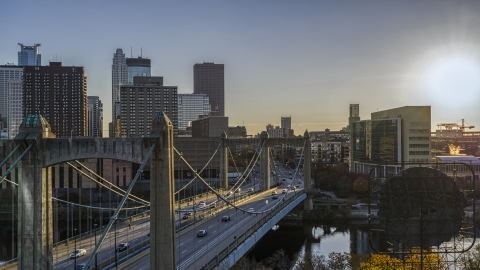 DXP001_000413 - Aerial stock photo of Skyscrapers seen from the Hennepin Avenue Bridge, Downtown Minneapolis, Minnesota