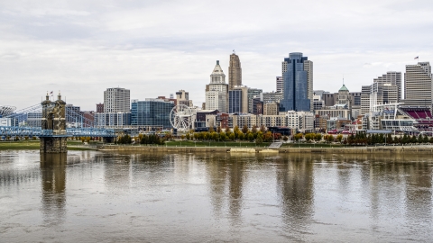 DXP001_000453 - Aerial stock photo of The city's skyline near the Ohio River, Downtown Cincinnati, Ohio