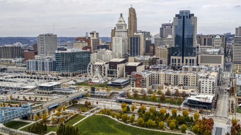 DXP001_000454 - Aerial stock photo of The city's skyline around the Ferris wheel, Downtown Cincinnati, Ohio