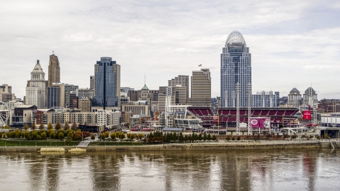 DXP001_000460 - Aerial stock photo of City skyline behind the baseball stadium beside the Ohio River in Downtown Cincinnati, Ohio