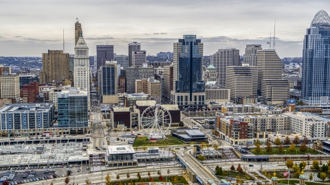 DXP001_000481 - Aerial stock photo of Skyscrapers behind the Ferris wheel in Downtown Cincinnati, Ohio