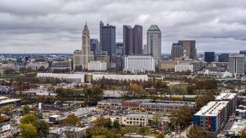 DXP001_000485 - Aerial stock photo of The towering skyscrapers in the city's skyline in Downtown Columbus, Ohio