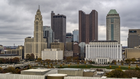 DXP001_000488 - Aerial stock photo of The city's skyline seen from the science museum, Downtown Columbus, Ohio