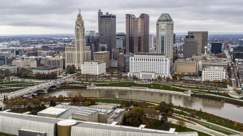 DXP001_000497 - Aerial stock photo of The city's skyline across the Scioto River, Downtown Columbus, Ohio