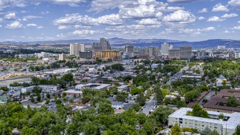 DXP001_004_0008 - Aerial stock photo of A wide view of hotels and casinos of the city's skyline in Reno, Nevada