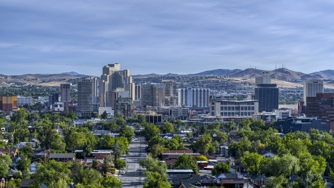 A view of office buildings, high-rise resort casinos and hotels in Reno, Nevada Aerial Stock Photos | DXP001_006_0010