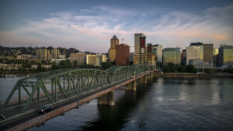 DXP001_010_0002 - Aerial stock photo of City skyline from the Hawthorne Bridge, Downtown Portland, Oregon