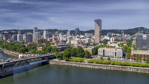 Downtown Portland seen from across the Willamette River near the Burnside Bridge, Oregon Aerial Stock Photos | DXP001_012_0003