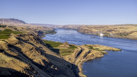 The Columbia River seen from steep cliffs in Goldendale, Washington Aerial Stock Photos | DXP001_019_0003