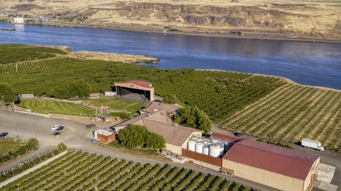 The Maryhill Winery amphitheater stage, main building, Columbia River in Goldendale, Washington Aerial Stock Photos | DXP001_019_0006